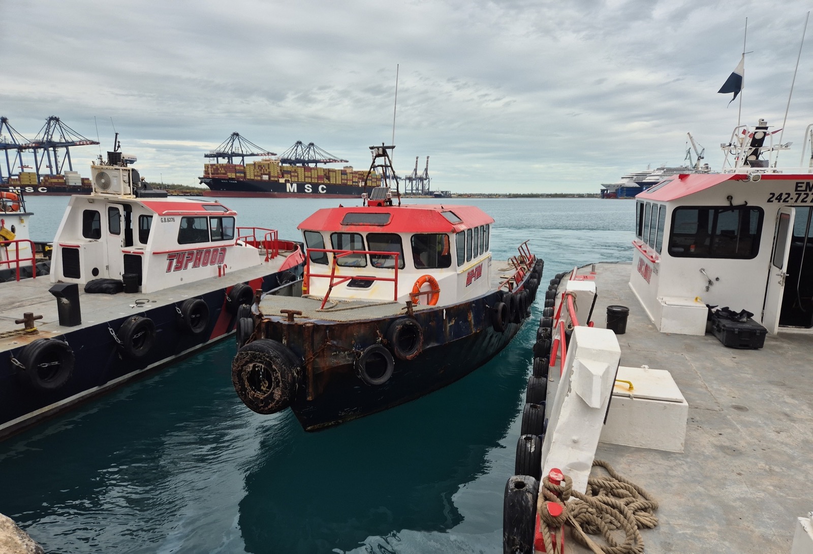 Tugboats and container ship at port under gantry cranes, Freeport
